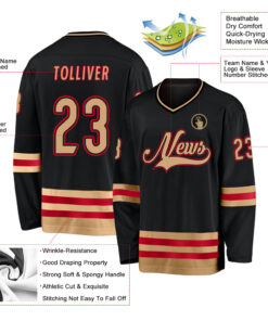 Custom Black Old Gold-Red Hockey Jersey Suit for daily life, Fabric: 95% polyester and 5% spandex, Regular fit, Stitch Color: automatically matched based on patterns