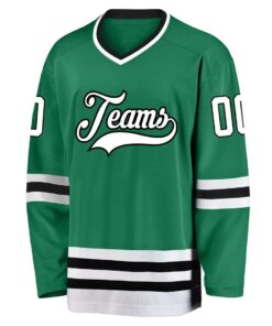 Custom Kelly Green White-Black Hockey Jersey Suit for daily life, Fabric: 95% polyester and 5% spandex, Regular fit, Stitch Color: automatically matched based on patterns