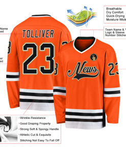 Custom Orange Black-White Hockey Jersey Suit for daily life, Fabric: 95% polyester and 5% spandex, Regular fit, Stitch Color: automatically matched based on patterns
