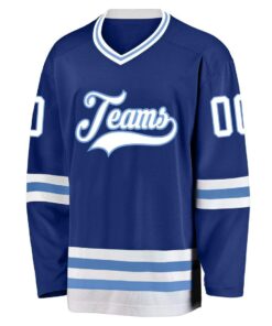 Custom Royal White-Light Blue Hockey Jersey Suit for daily life, Fabric: 95% polyester and 5% spandex, Regular fit, Stitch Color: automatically matched based on patterns